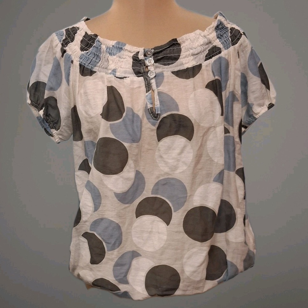 Cache Cache Silk Cotton Off Shoulder Bubble Hem White Blue Polkadot Top Womens 1